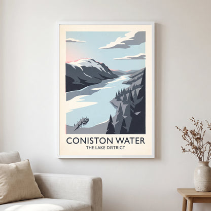 Coniston Water travel poster in a white frame, hanging in a living2
