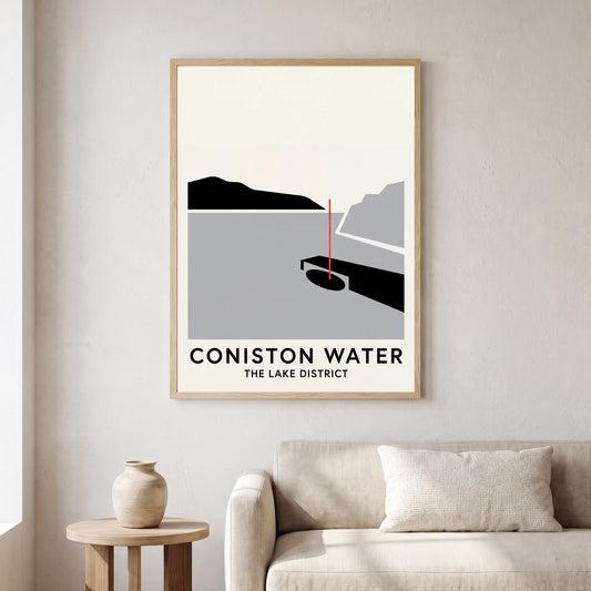 Coniston Water travel poster in a natural frame, hanging in a living