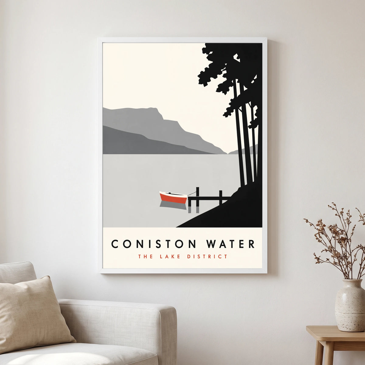 Coniston Water travel poster in a white frame, hanging in a living2