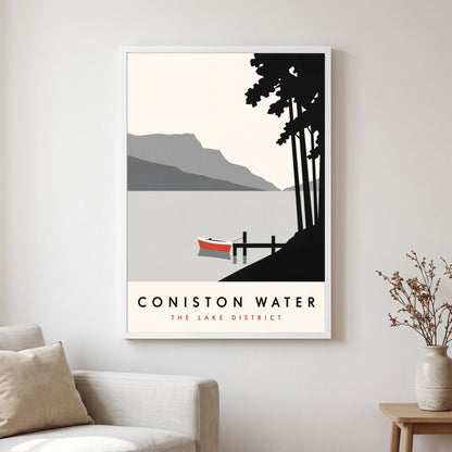 Coniston Water travel poster in a white frame, hanging in a living2