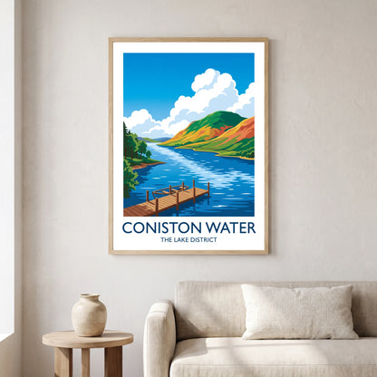 Coniston Water travel poster in a natural frame, hanging in a living