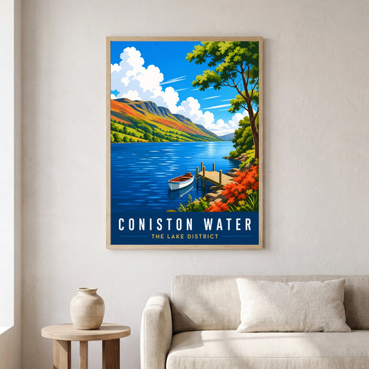 Coniston Water travel poster in a natural frame, hanging in a living