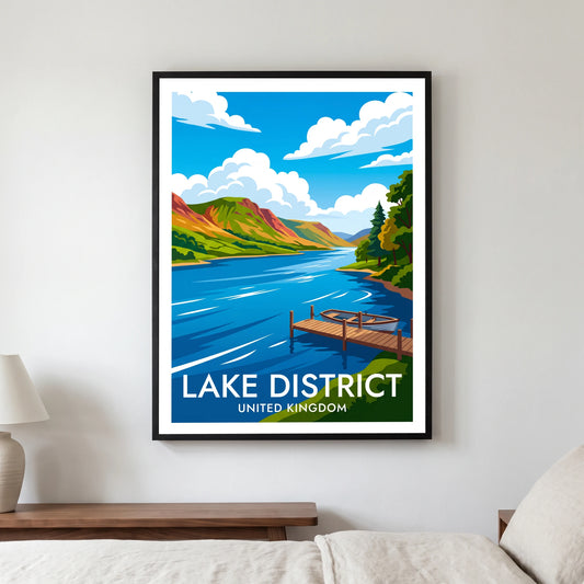 Coniston Water travel poster in a black frame, hanging in a bedroom3