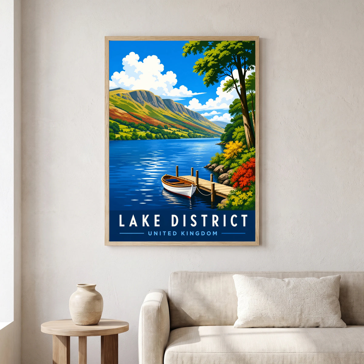Coniston Water travel poster in a natural frame, hanging in a living