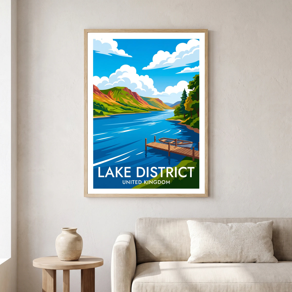 Coniston Water travel poster in a natural frame, hanging in a living