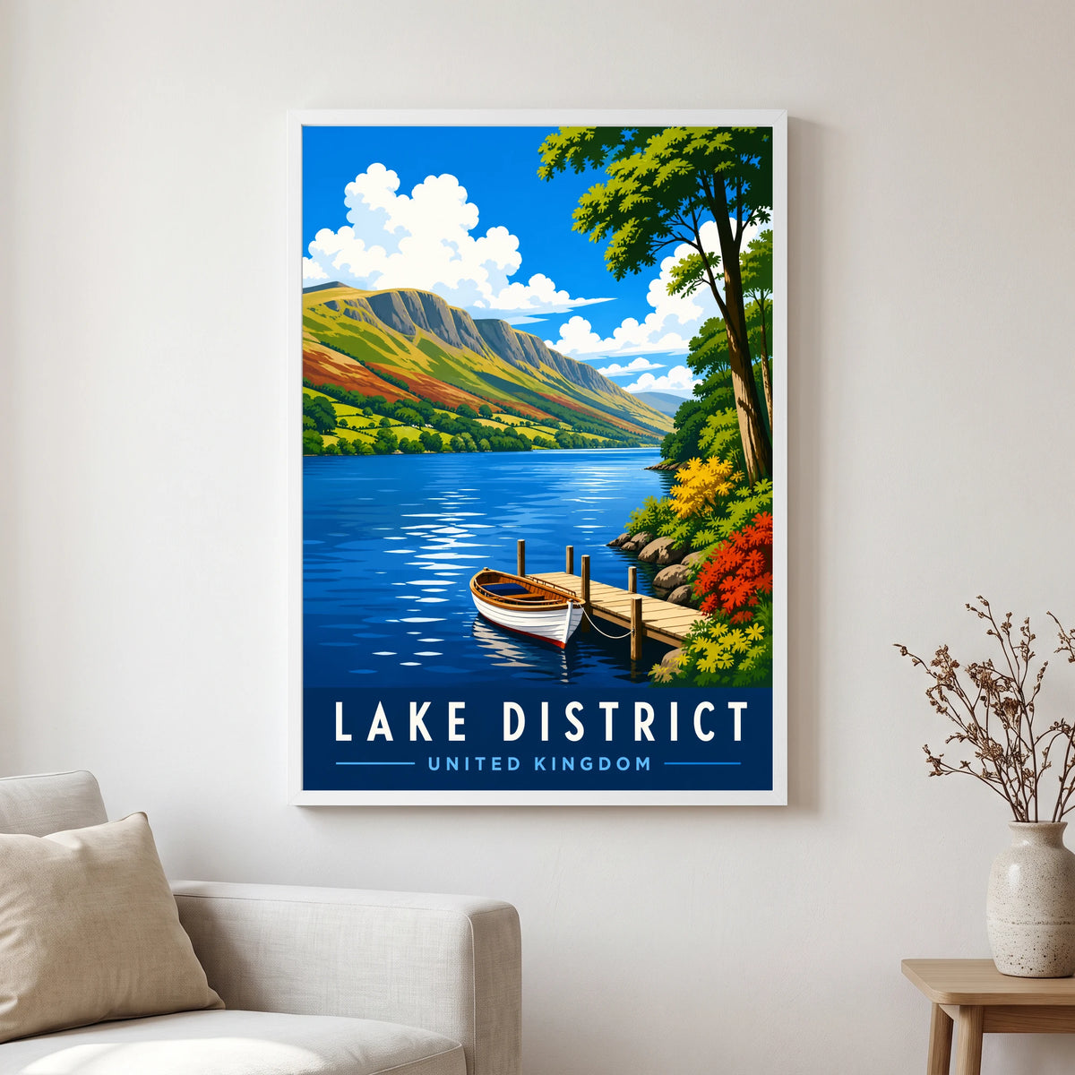 Coniston Water travel poster in a white frame, hanging in a living2