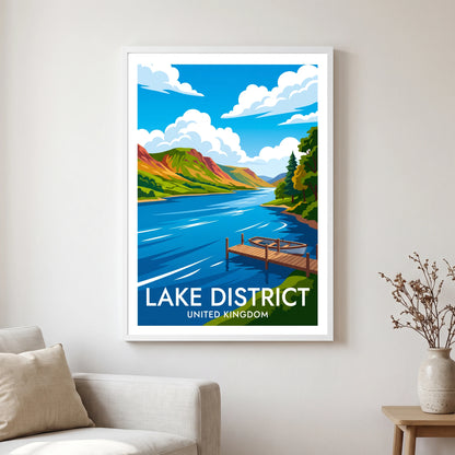 Coniston Water travel poster in a white frame, hanging in a living2