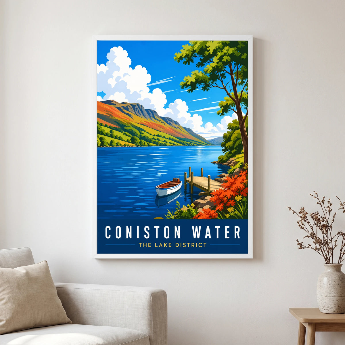 Coniston Water travel poster in a white frame, hanging in a living2