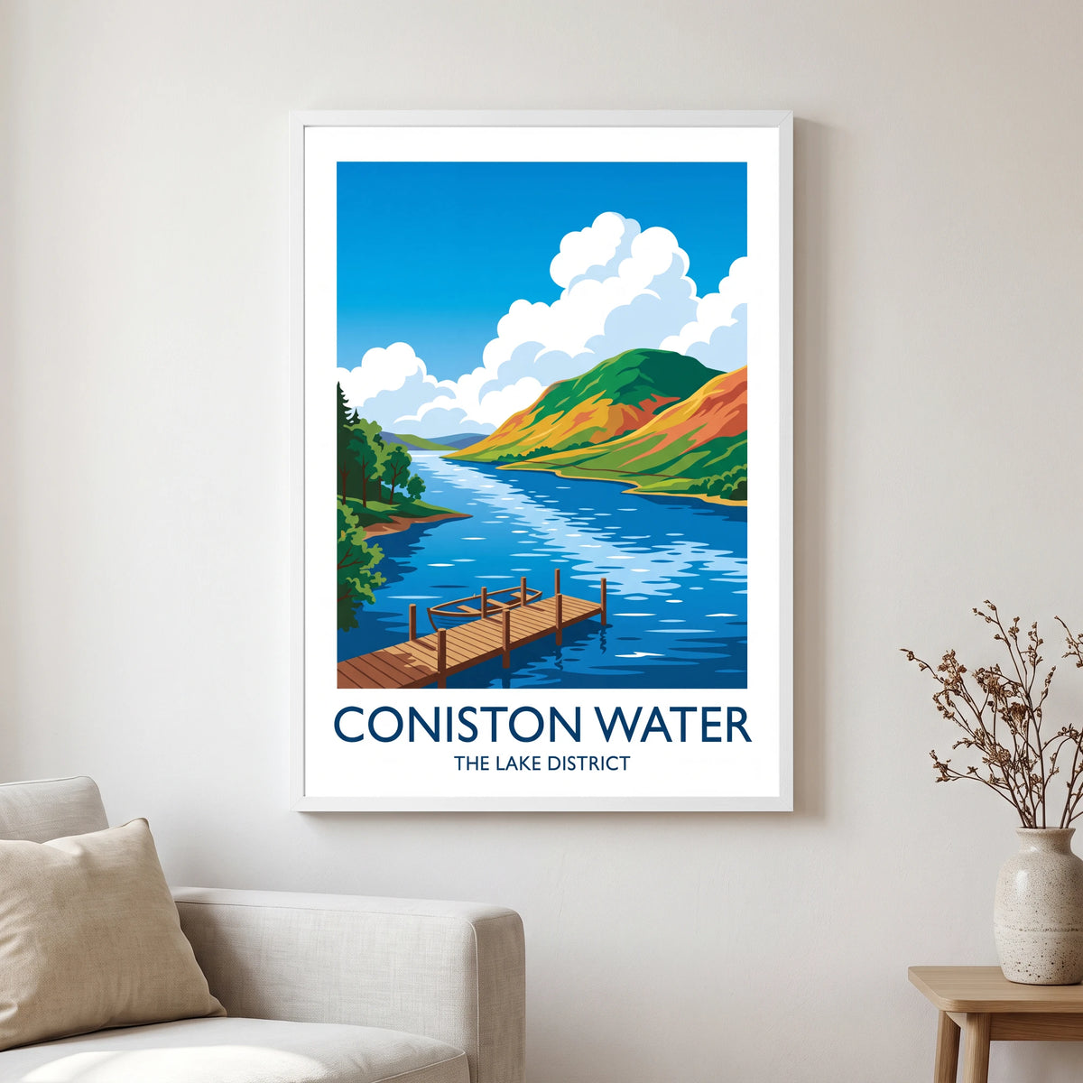 Coniston Water travel poster in a white frame, hanging in a living2