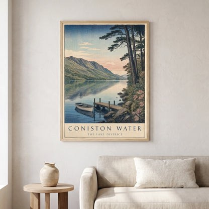 Coniston Water travel poster in a natural frame, hanging in a living