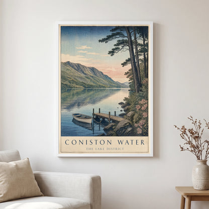 Coniston Water travel poster in a white frame, hanging in a living2