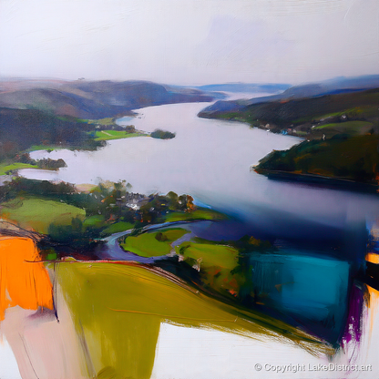 Contemporary Aerial View of Ambleside - lake district village art print and canvas by Warren Yates A.I
