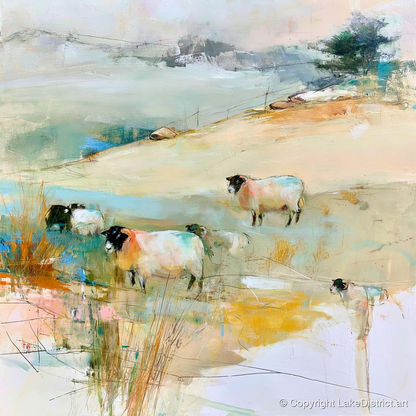 Contemporary Herdwick Sheep on Fellside - lake district wildlife art print and canvas by Antonia Blythe A.I