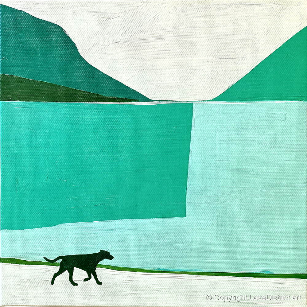 Contemporary Wast Water Running Dog - wast water wall art art print and canvas by Sebastian Finch A.I