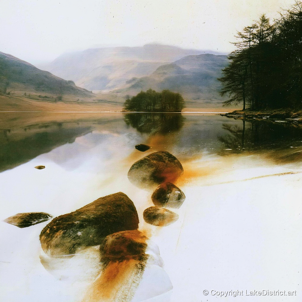 Copper Shallows at Rydal Water - lake district lake art print and canvas by George Weston A.I
