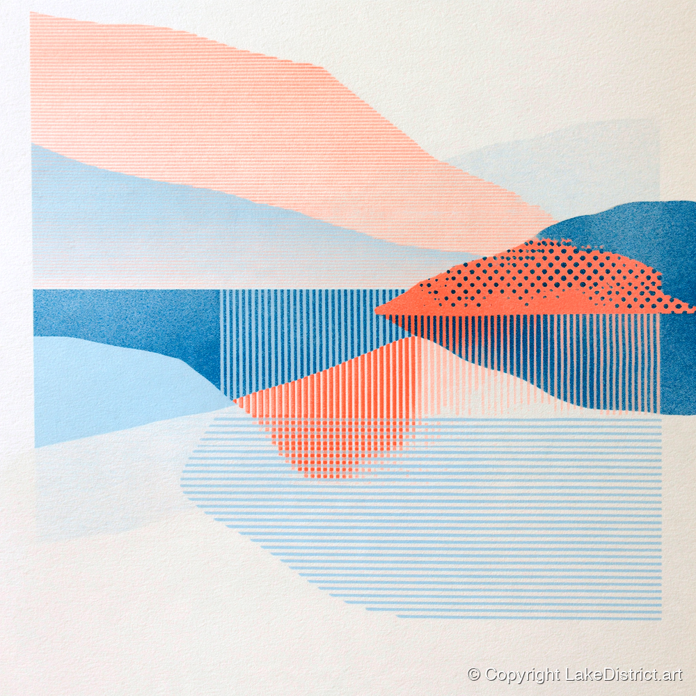 Coral and Blue Lake Reflections - lake district lake art print and canvas by Elliot Reid A.I