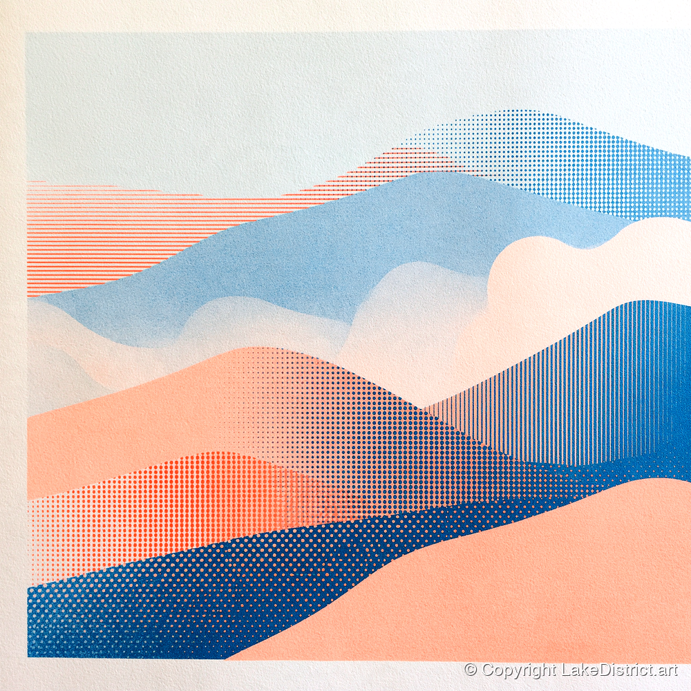 Coral and Blue Rolling Fells - lake district fell art print and canvas by Elliot Reid A.I