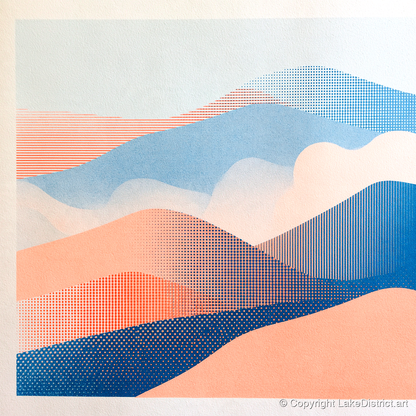 Coral and Blue Rolling Fells - lake district fell art print and canvas by Elliot Reid A.I