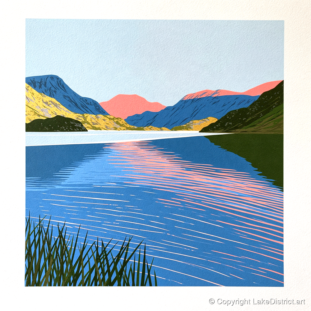 Coral Dawn over Still Lake - lake district lake art print and canvas by William Parrish A.I