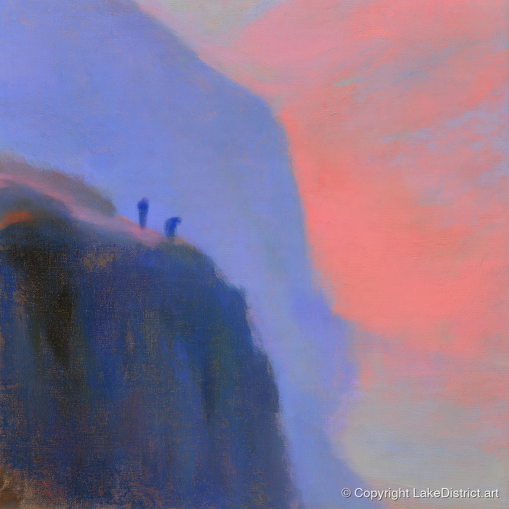 Crag Climbers in Pink Twilight - lake district walking art print and canvas by Theodore Vance A.I