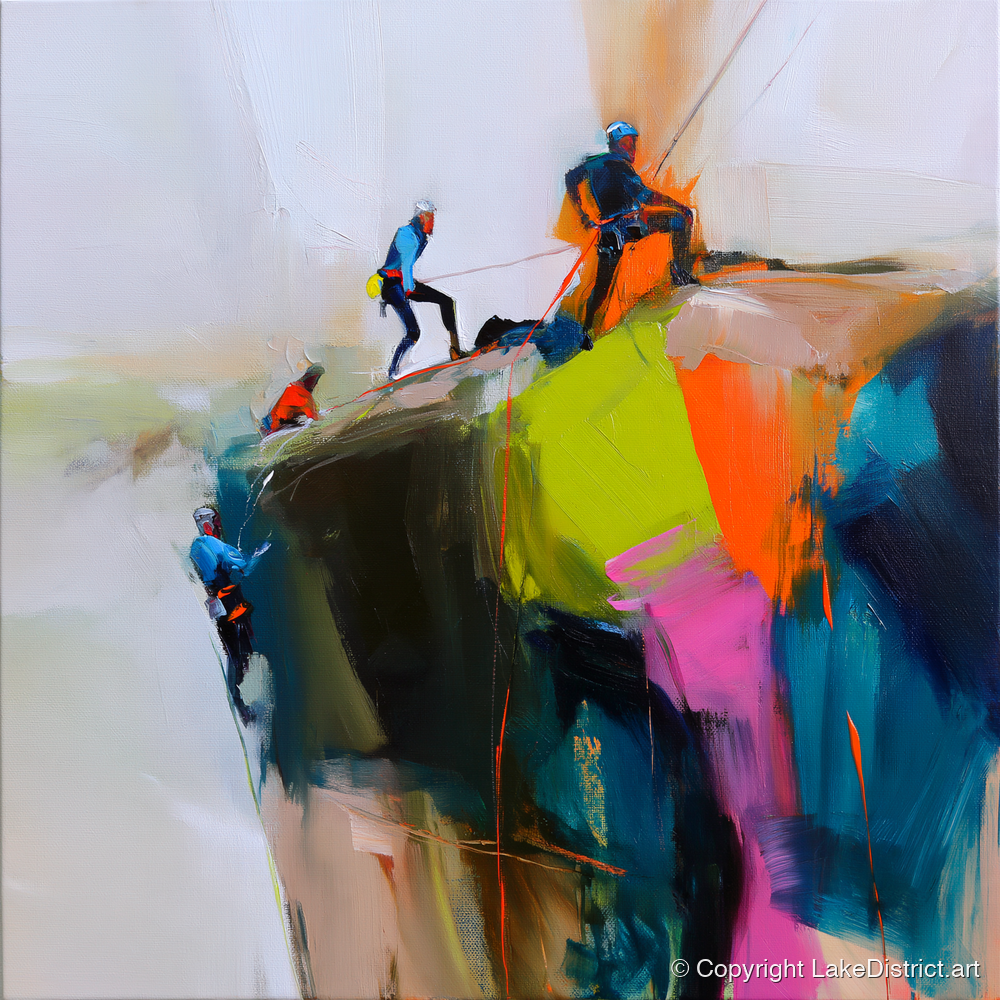 Crag Climbers in Vibrant Colour - lake district walking art print and canvas by Warren Yates A.I