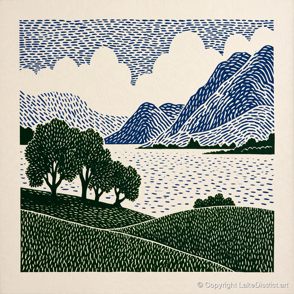 Crummock Water in Navy and Green - lake district lake art print and canvas by Reuben Shaw A.I