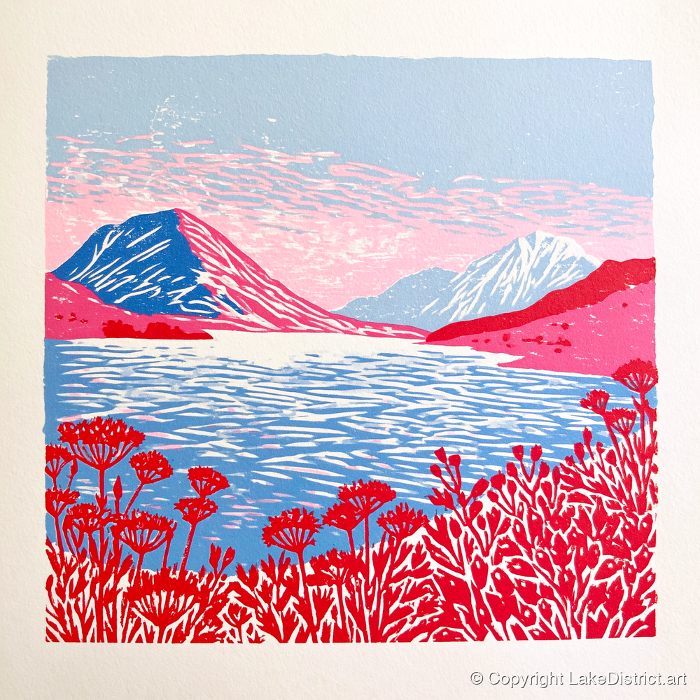 Crummock Water in Vivid Red - lake district lake art print and canvas by Christopher Seaton A.I