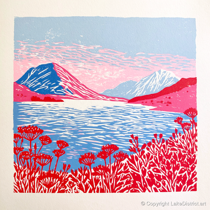 Crummock Water in Vivid Red - lake district lake art print and canvas by Christopher Seaton A.I