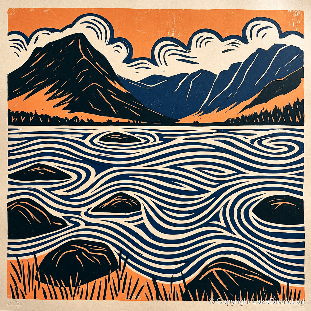 Crummock Water with Swirling Waves - lake district lake art print and canvas by Leon Baxter A.I