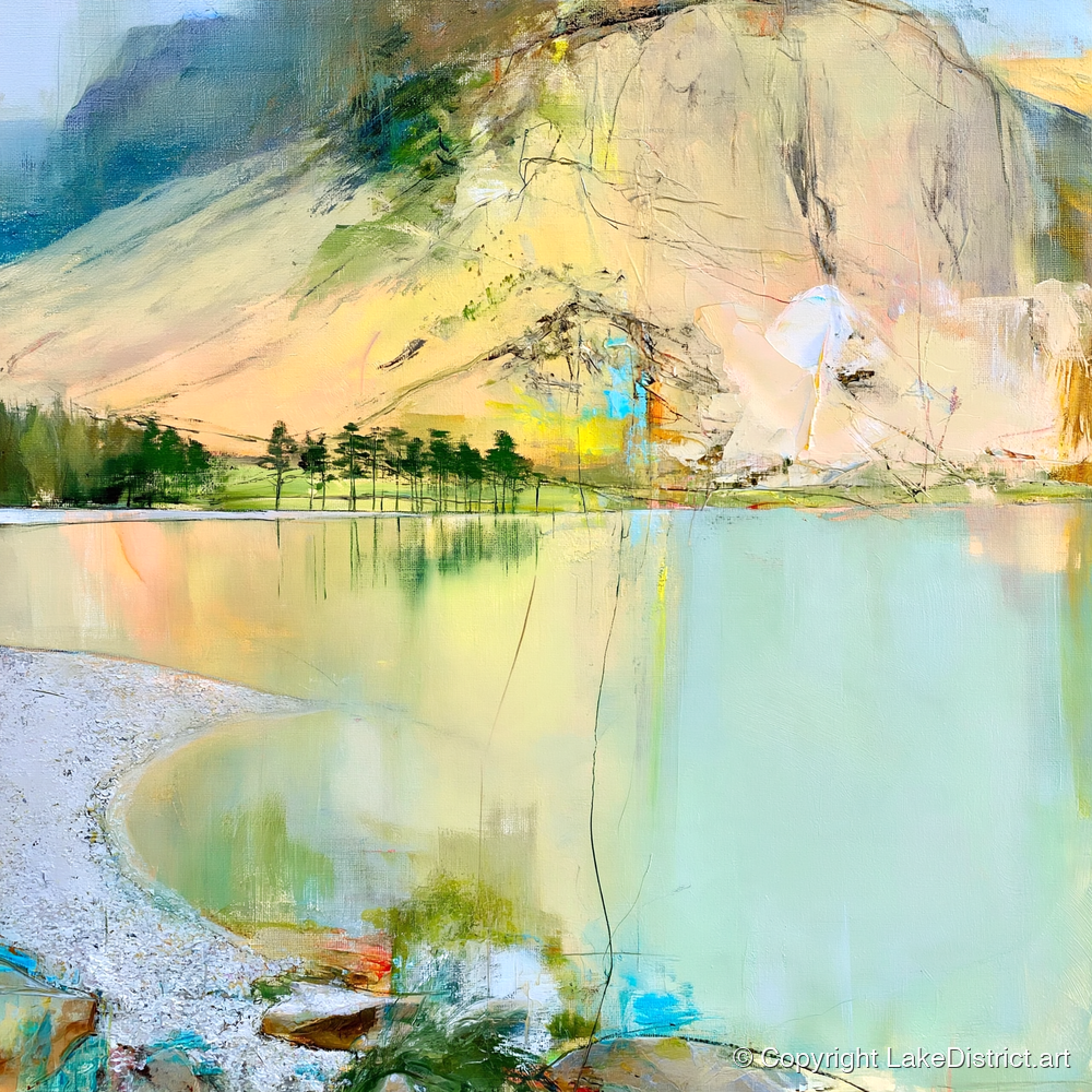 Curving Pebble Shore at Buttermere - lake district lake art print and canvas by Antonia Blythe A.I