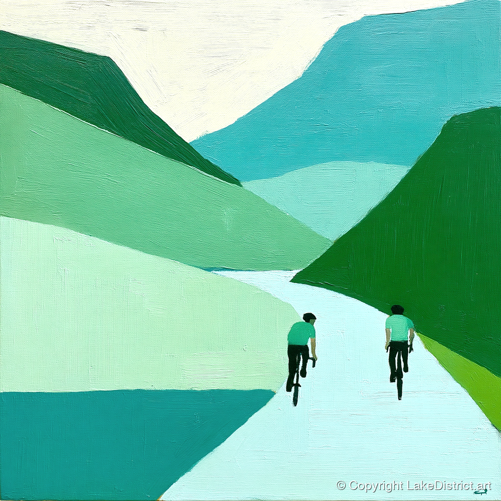Cyclists Ascending Honister Pass - lake district walking art print and canvas by Sebastian Finch A.I