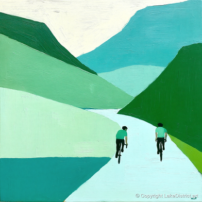 Cyclists Ascending Honister Pass - lake district walking art print and canvas by Sebastian Finch A.I