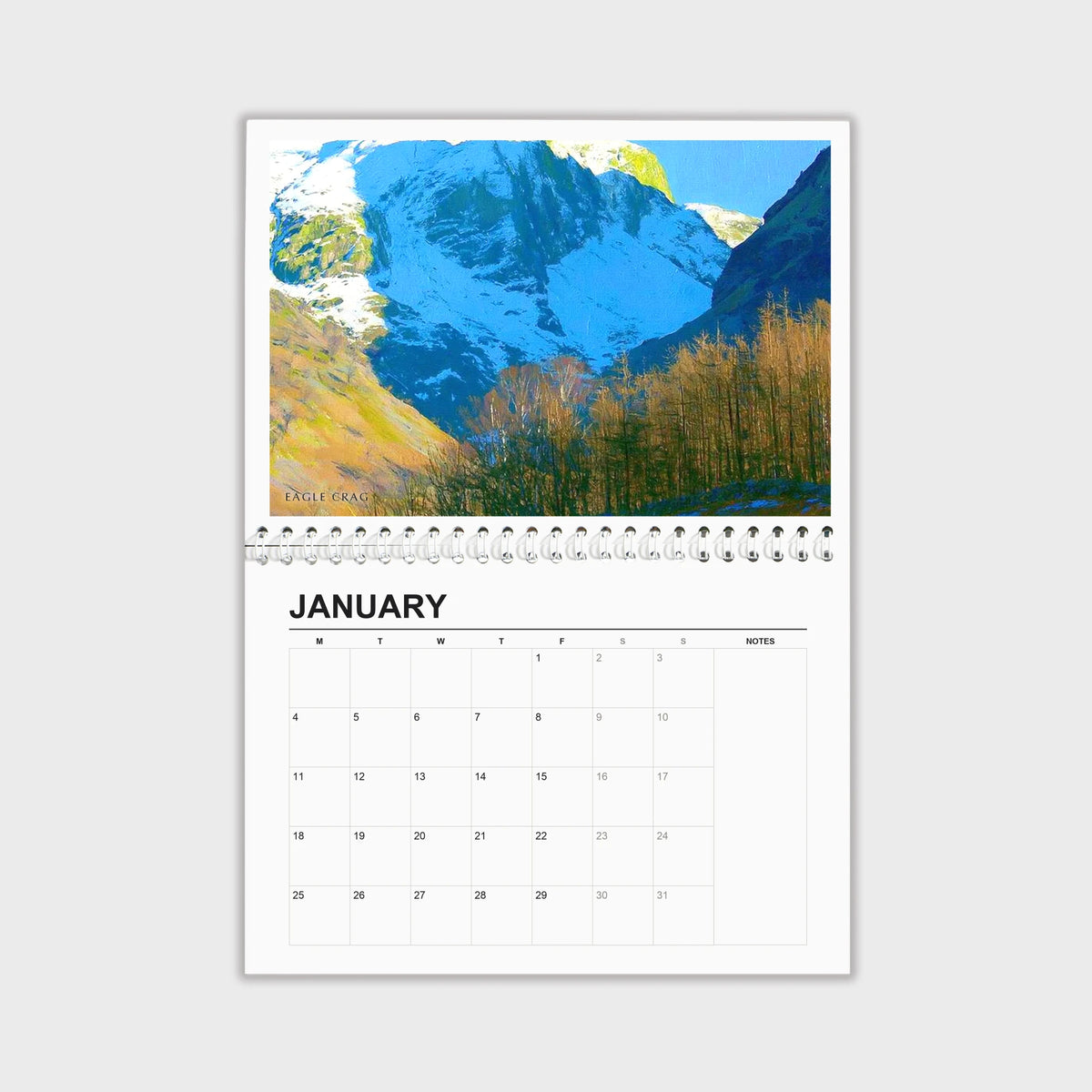 Daphne Morley 2027 wall calendar hanging open, painting above the dates