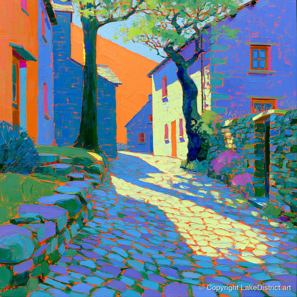 Dappled Sunlight on Village Cobbles - lake district village art print and canvas by Jonathan Crawford A.I
