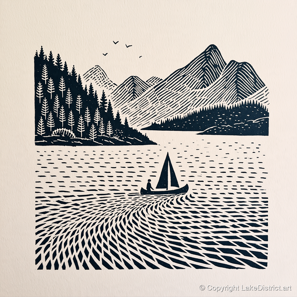 Dark Navy Derwentwater Sailing Scene - lake district lake art print and canvas by Reuben Shaw A.I
