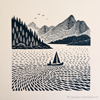 Dark Navy Derwentwater Sailing Scene - lake district lake art print and canvas by Reuben Shaw A.I