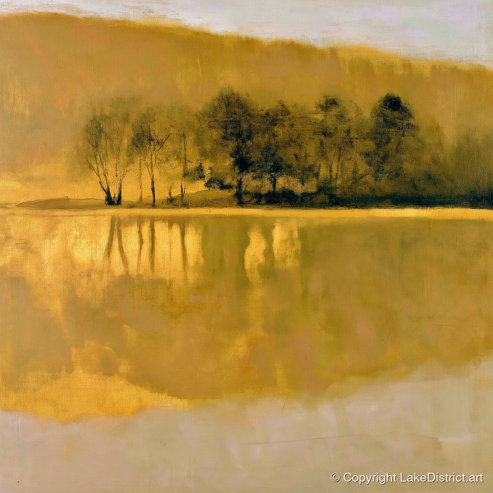 Dark Trees on Golden Lake - lake district lake art print and canvas by Vincent Delaney A.I