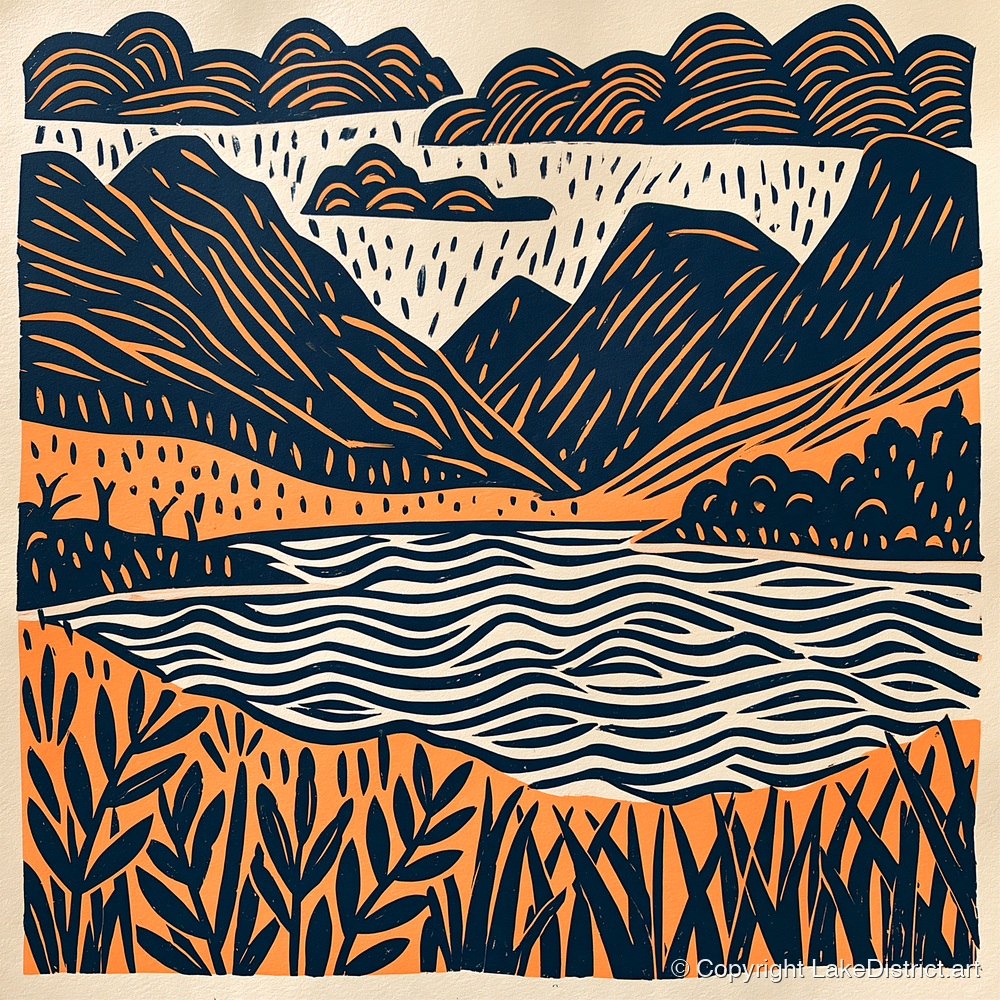 Dawn Lake In Navy And Terracotta - lake district lake art print and canvas by Leon Baxter A.I