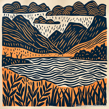 Dawn Lake In Navy And Terracotta - lake district lake art print and canvas by Leon Baxter A.I