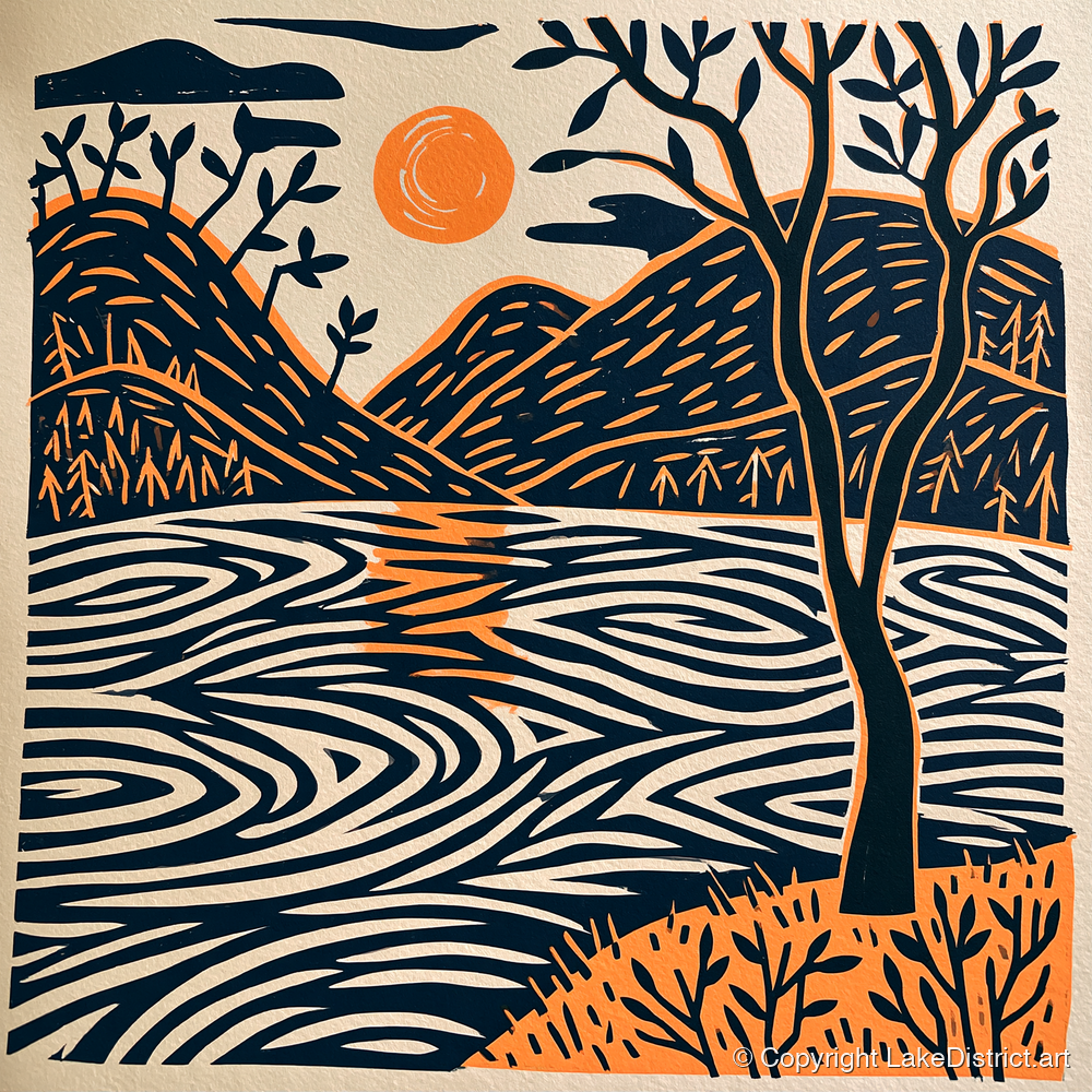 Dawn Lake in Terracotta and Navy - lake district lake art print and canvas by Leon Baxter A.I
