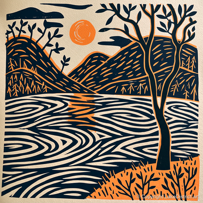 Dawn Lake in Terracotta and Navy - lake district lake art print and canvas by Leon Baxter A.I