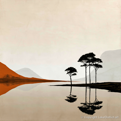 Dawn Lake with Silhouetted Pines - lake district lake art print and canvas by Barnaby West A.I