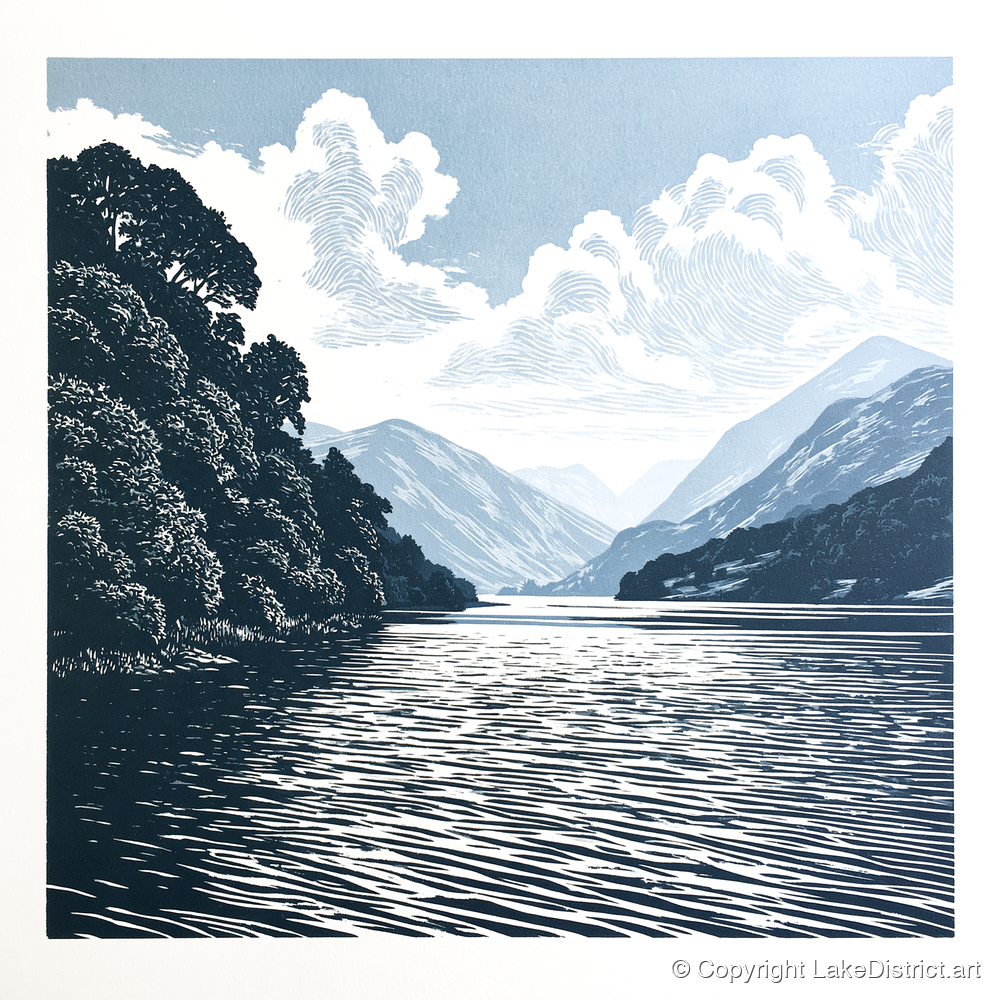 Deep Blue Coniston Water Fells - lake district lake art print and canvas by Alfred Morland A.I