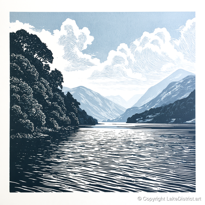 Deep Blue Coniston Water Fells - lake district lake art print and canvas by Alfred Morland A.I