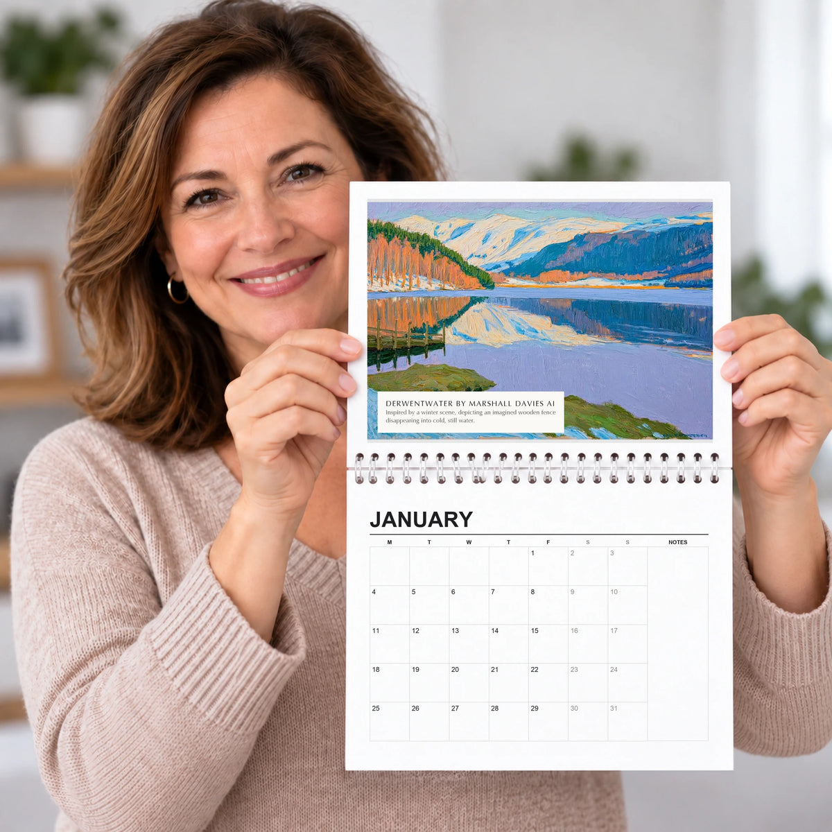 Derwentwater 2027 wall calendar held open, painting above the dates, a Lake District gift