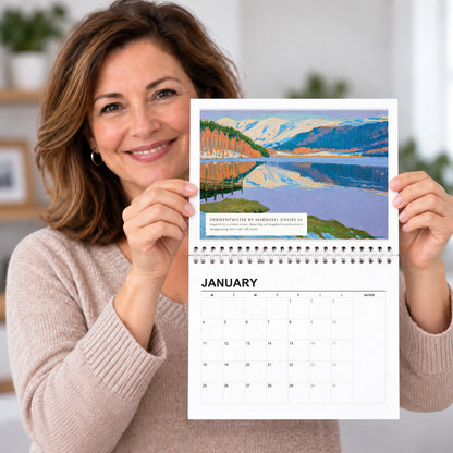 Derwentwater 2027 wall calendar held open, painting above the dates, a Lake District gift