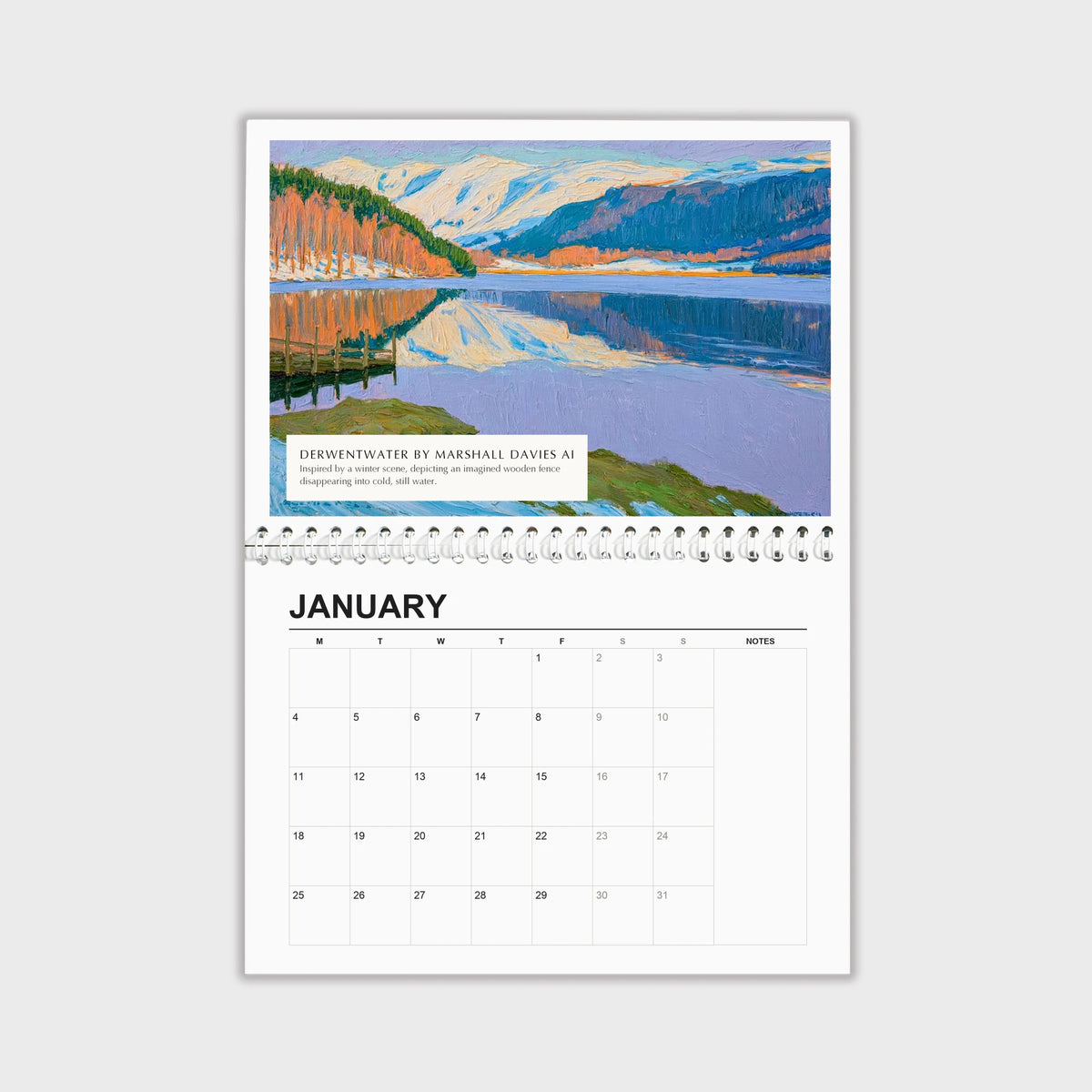 Derwentwater 2027 wall calendar hanging open, painting above the dates