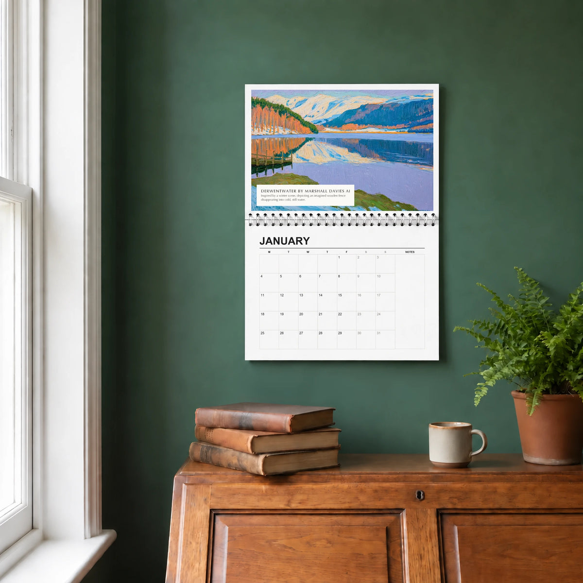 Derwentwater 2027 wall calendar hanging in a study