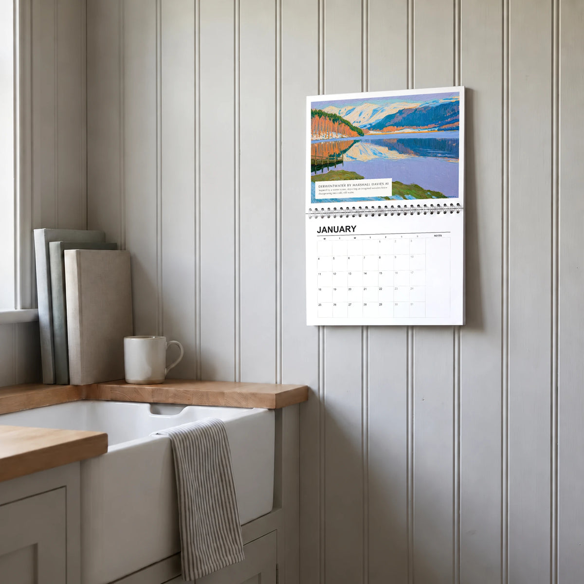 Derwentwater 2027 wall calendar hanging in a utility room