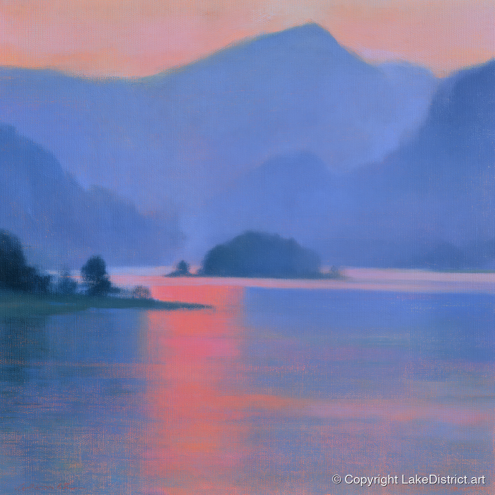 Derwentwater and Catbells in Pink Light - lake district lake art print and canvas by Theodore Vance A.I